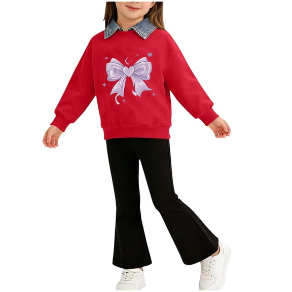 KyCheLot Girl's 2 Piece Outfits Print Lapel Collar Sweatshirts and Long Flare Pants Matching Set Activewear 2-8 Years