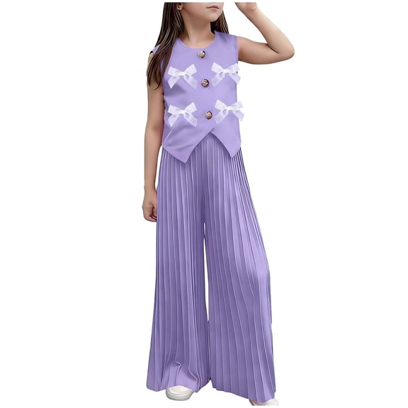 KyCheLot Girl's Clothing Sets 2 Piece Bowknot Button down Vest Tops and Wide Leg Pleated Dress Pants 2-9 Years