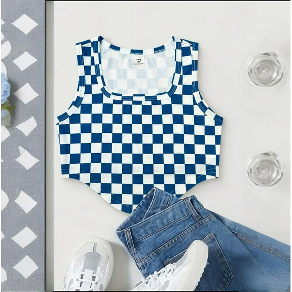 KyCheLot Girl's Cute Plaid Crop Tops Sleeveless Tank Shirts Crew Neck Camis Going out Tops 8-14 Years