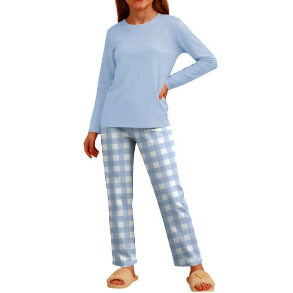 KyCheLot Girl's Pajama Sets Dailywear Long Sleeve Shirt Plaid Trousers Comfy Soft 2 Piece Sleepwear 3-12 Years