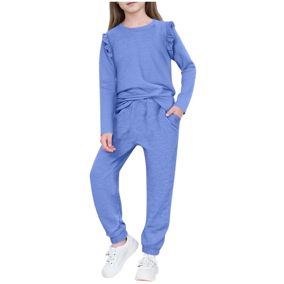 KyCheLot Girls 2 Piece Outfits Casual Long Sleeve Ruffled Tops and Pants with Pockets School Clothing Set for 4-13Years