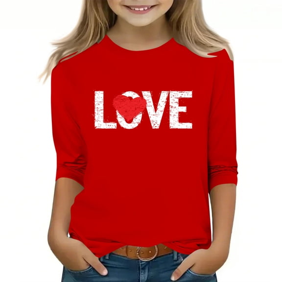 KyCheLot Girls 3/4 Sleeve T-Shirts Stretchy Crewneck Valentine's Day Breathable Pullover Tunic Tops for 3-13 Years