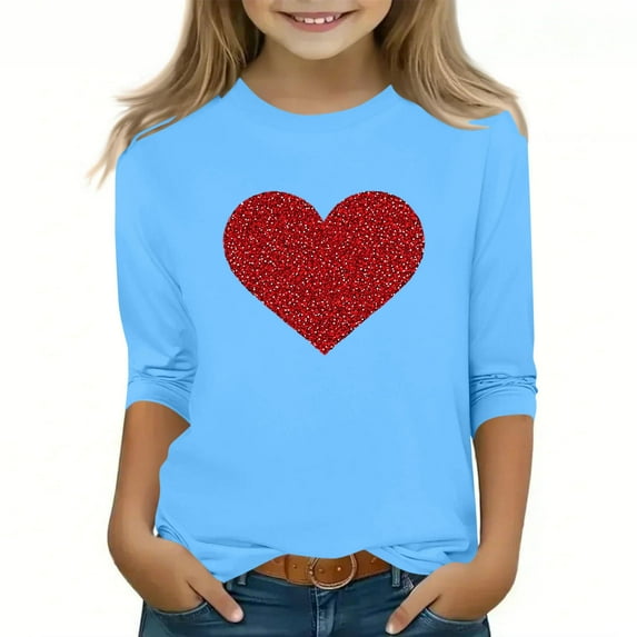 KyCheLot Girls 3/4 Sleeve T-Shirts Stretchy Crewneck Valentine's Day Breathable Pullover Tunic Tops for 3-13 Years