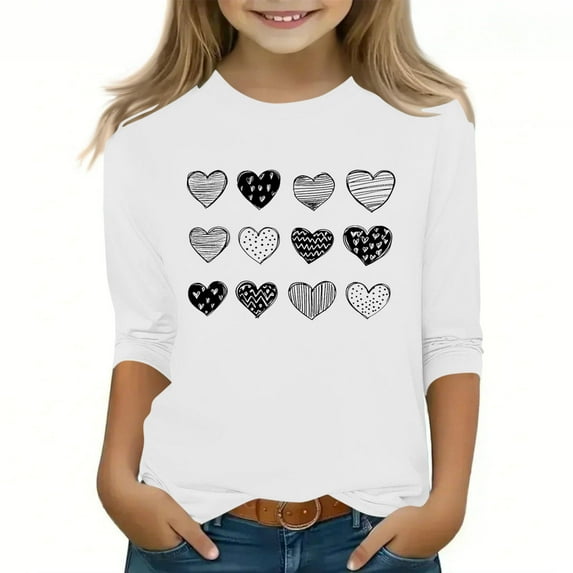 KyCheLot Girls 3/4 Sleeve T-Shirts Stretchy Crewneck Valentine's Day Breathable Pullover Tunic Tops for 3-13 Years