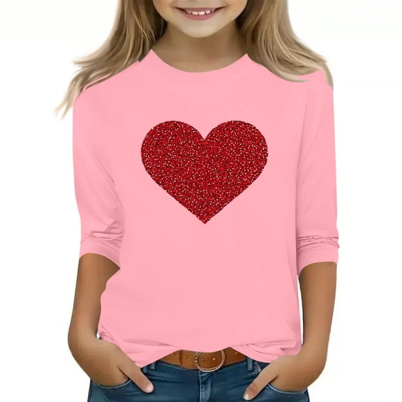 KyCheLot Girls 3/4 Sleeve T-Shirts Stretchy Crewneck Valentine's Day Breathable Pullover Tunic Tops for 3-13 Years