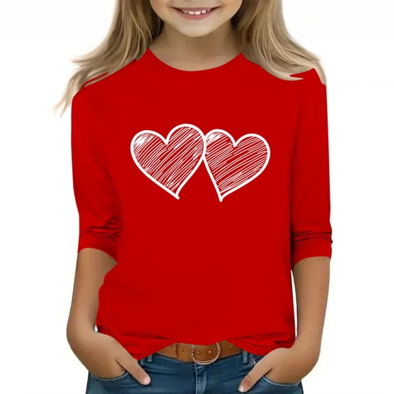 KyCheLot Girls 3/4 Sleeve Tops Valentine's Day Print Breathable Stretchy Round Neck Blouses for 3-13 Years