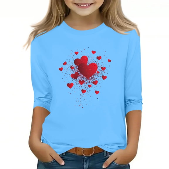 KyCheLot Girls 3/4 Sleeve Tops Valentine's Day Print Breathable Stretchy Round Neck Blouses for 3-13 Years