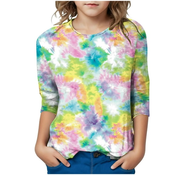 KyCheLot Girls 3/4 Sleeve Tshirts Tie Dye Printed Casual Crewneck Pullover Loose Tunic Tops Spring Summer 3-12 Years
