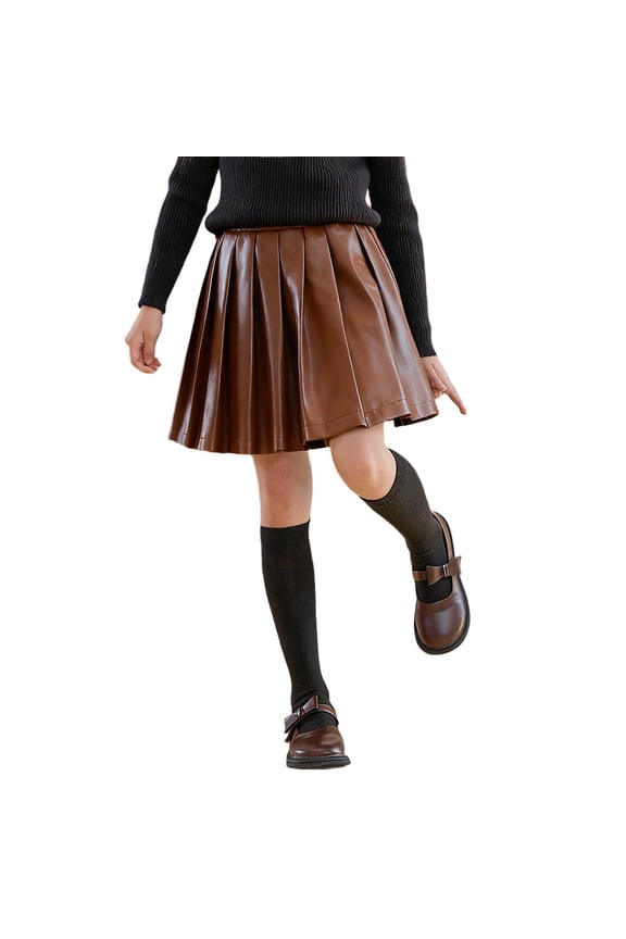Girls A-Line Skirt Pleated Mini Skirt Leather Elastic High Waist School Uniforms Skirt 3-14 Years