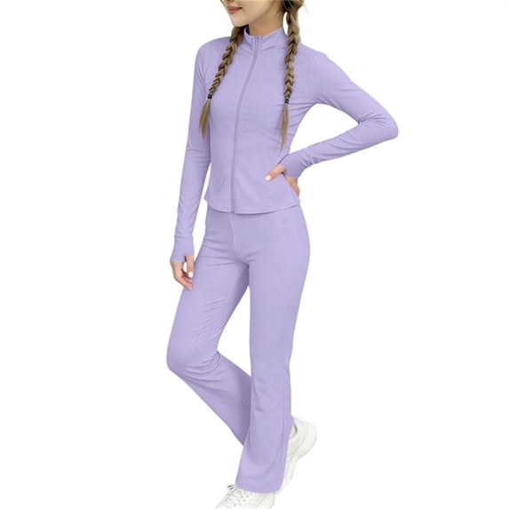 KyCheLot Girls Athletic 2 Piece Sets Wicking Slim Stand Collar Zip up Jackets and Straight Leg Pants Dance Yoga Sport