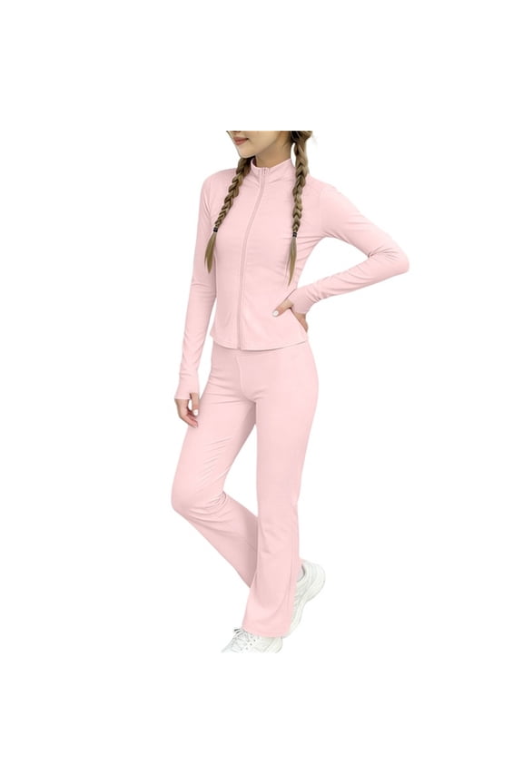 Girls Athletic 2 Piece Sets Wicking Slim Stand Collar Zip up Jackets and Straight Leg Pants Dance Yoga Sport