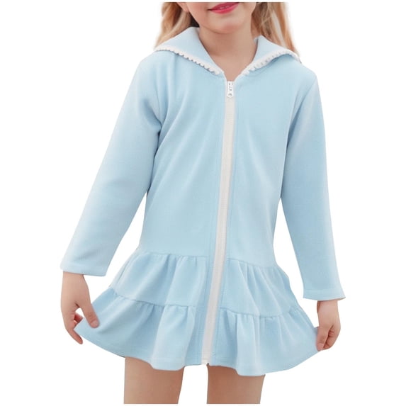 KyCheLot Girls Bathing Suit Coverups Hooded Ruffle Hem Front Zip up Long Sleeve Quick Dry Swim Cover up 2-10Years