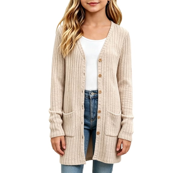 KyCheLot Girls Button down Cardigan V-Neck Long Sleeve Mid-Length Jacket with Pocket Comfy Open Front Sweaters