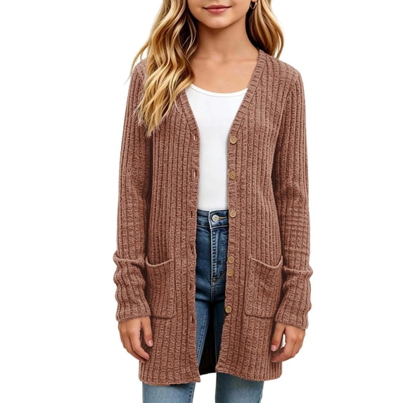 KyCheLot Girls Button down Cardigan V-Neck Long Sleeve Mid-Length Jacket with Pocket Comfy Open Front Sweaters