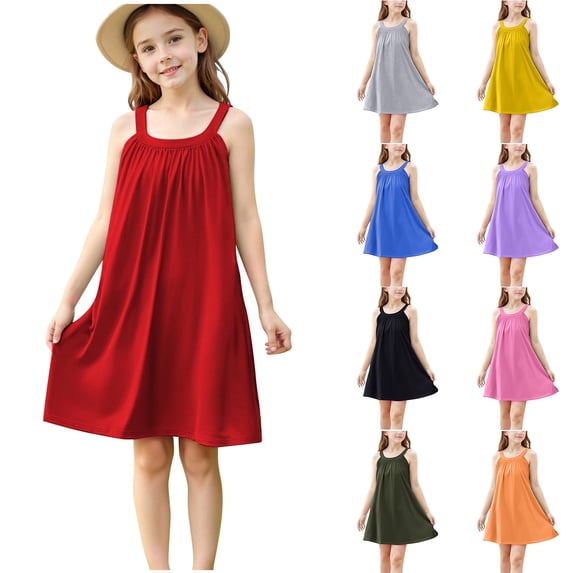 KyCheLot Girls Cami Dress Casual Beach Sleeveless Solid Color Stretchy Flowy Sundress 4-15 Years