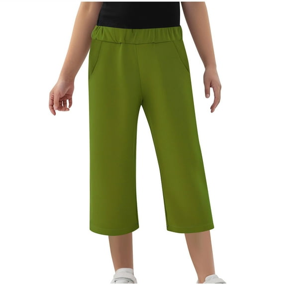 KyCheLot Girls Capris Summer with Pockets Casual Basic Elastic Waist Solid Color Loose Capri Pants 4-14 Years