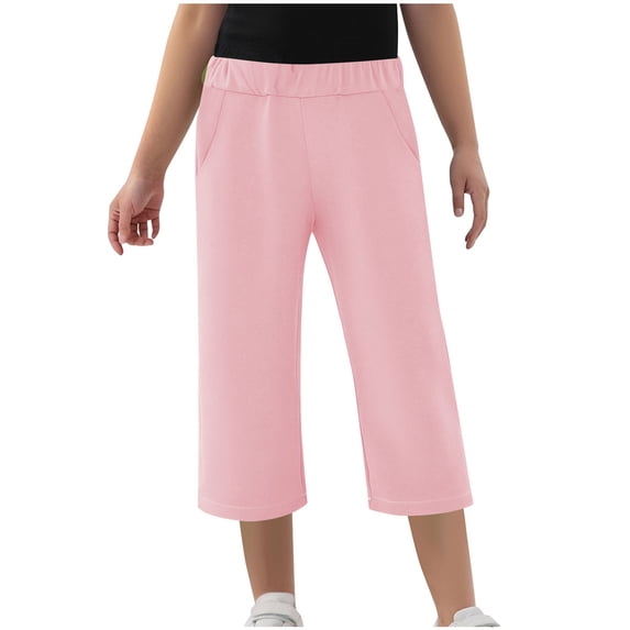 KyCheLot Girls Capris Summer with Pockets Casual Basic Elastic Waist Solid Color Loose Capri Pants 4-14 Years