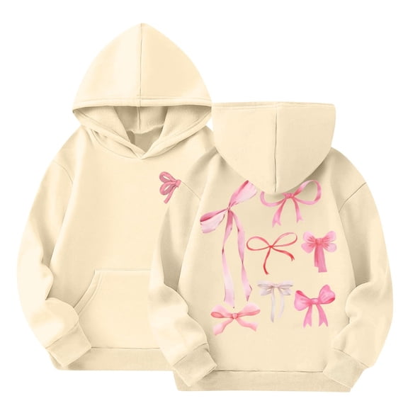 KyCheLot Girls Casual Hoodies Cute Bow Print Trendy Long Sleeve with Front Pocket Warm Loose Sweatshirts 2-14 Years