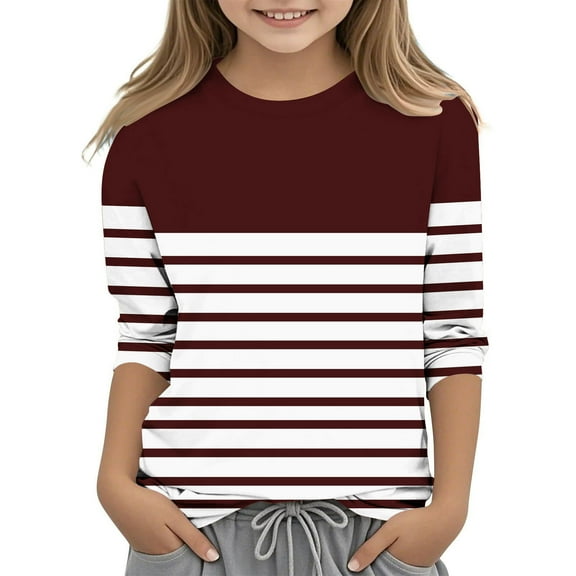 KyCheLot Girls Casual Loose Tshirts 3/4 Sleeve Stripe Printed Spring Summer Tunic Tops 3-12 Years