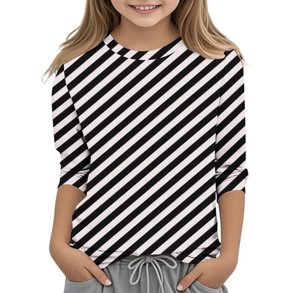 KyCheLot Girls Casual Loose Tshirts 3/4 Sleeve Stripe Printed Spring Summer Tunic Tops 3-12 Years