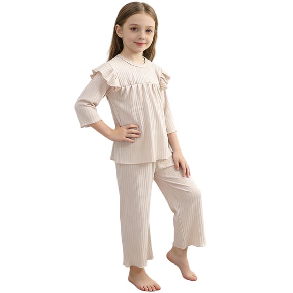 KyCheLot Girls Casual Pajamas Stretchy Comfy Ruffle 3/4 Sleeve T-Shirts and Cropped Wide Leg Pants Set 1-10 Years