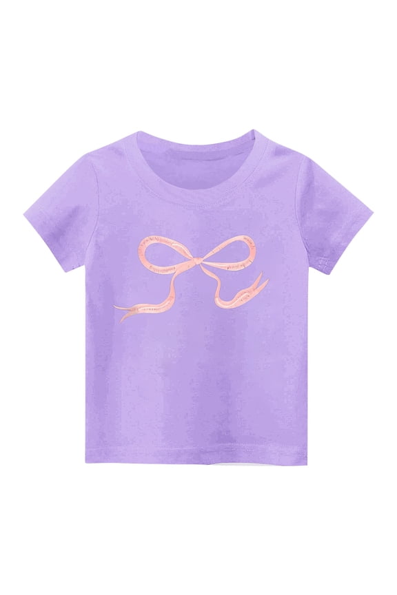 Girls Casual Tees Bow Print Dailywear Crewneck Short Sleeve Blouse 2-14 Years