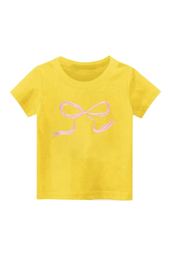 Girls Casual Tees Bow Print Dailywear Crewneck Short Sleeve Blouse 2-14 Years