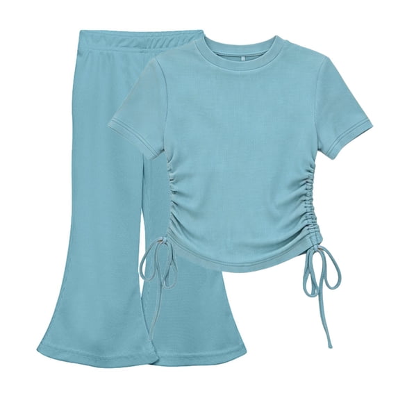 KyCheLot Girls Clothes Set Side Drawstring Short Sleeve Tops and Bootcut Flare Leg Pants Workout School 1-10 Years