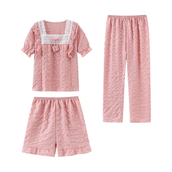KyCheLot Girls Comfy Sleepwear Set 3-16Years Cotton Short Sleeve Top with Long Pant and Shorts 3 Piece Pajamas