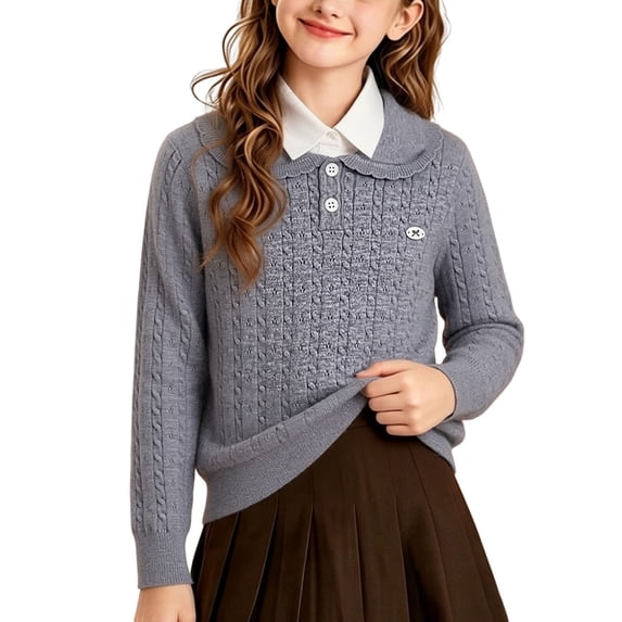 KyCheLot Girls' Cotton Sweaters Lapel Collar Button Long Sleeve Clothes Casual Trendy Pullover Schoolwear