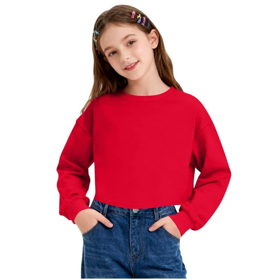 KyCheLot Girls Crop Tops Long Sleeve Round Neck Solid Color Casual Wear Sweatshirt for 3-14 Years