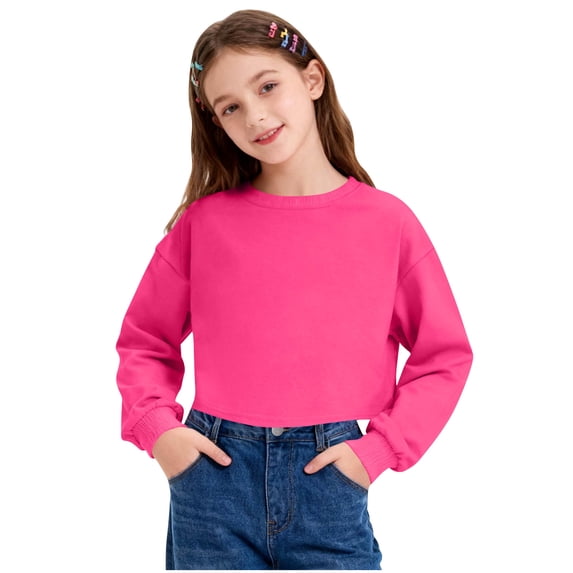 KyCheLot Girls Crop Tops Long Sleeve Round Neck Solid Color Casual Wear Sweatshirt for 3-14 Years