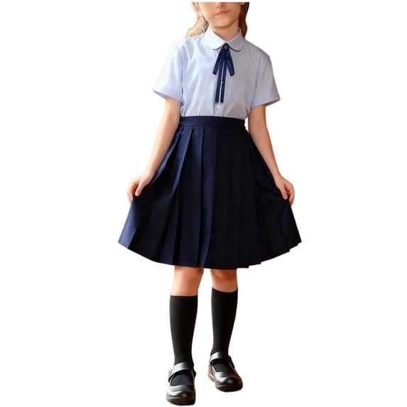 KyCheLot Girls Dress Set 3 Piece School Uniform Button down Short Sleeve Shirts with Bowties and Pleated Skirts 3-15Years