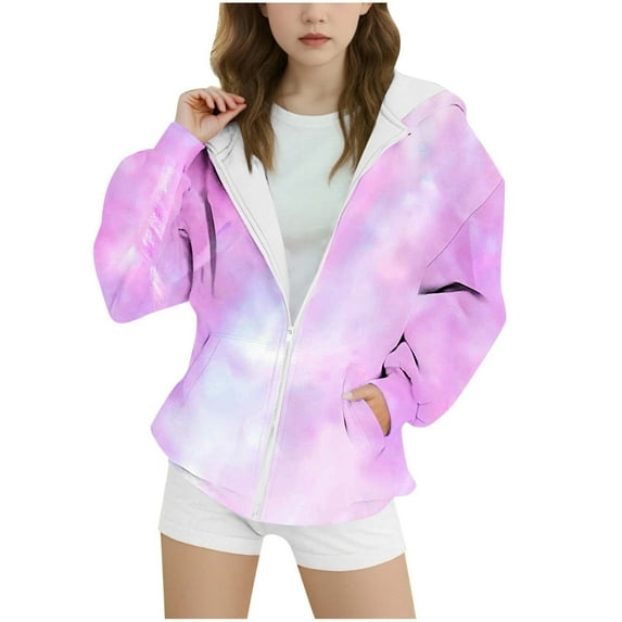 KyCheLot Girls Fall Jackets with Pockets Gardient Tie-Dye Print Loose Full Zip Long Sleeve Hoodie Outerwear 6-15Years