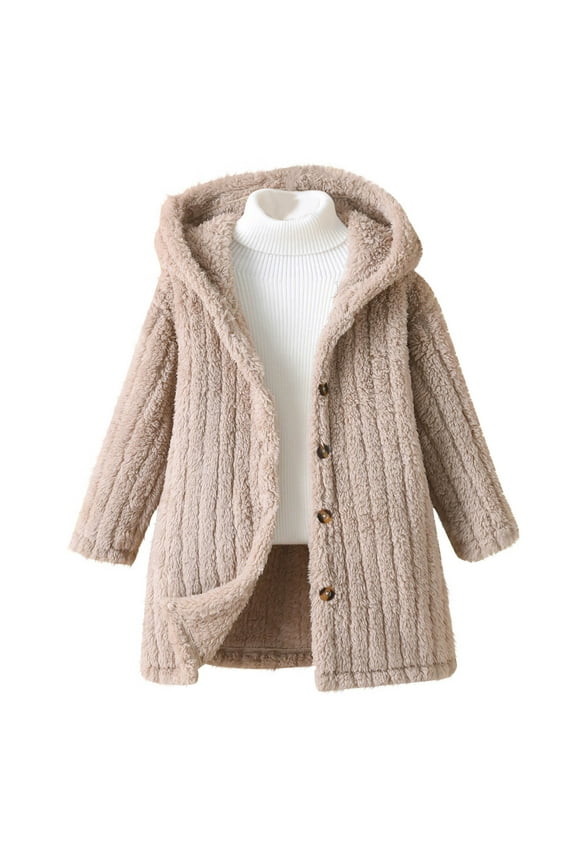 Girls Fleece Coat Long Solid Color Button down Fuzzy Long Sleeve Warm Jackets Schoolwear 3-8 Years