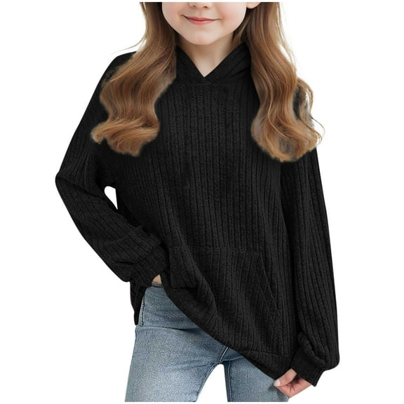 KyCheLot Girls Hoodies Tops Comfy Ribbed Knit Solid Color Front Pocket Long Sleeve Pullover Thin Sweaters School 4-14Years