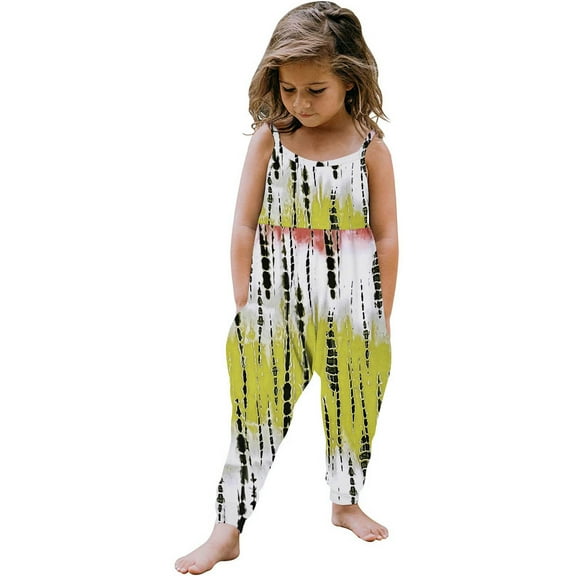 KyCheLot Girls Jumpsuit Loose Sleeveless Cute Printed Strap Romper Long Pants with Pockets Summer 1-6 Years