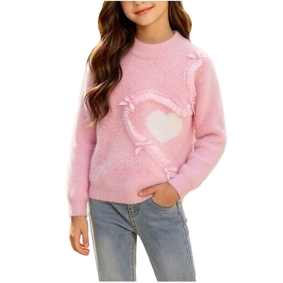 KyCheLot Girls' Knitted Sweaters Winter Long Sleeve Round Neck Pullover Tops Trendy Heart-Shaped Print Clothes