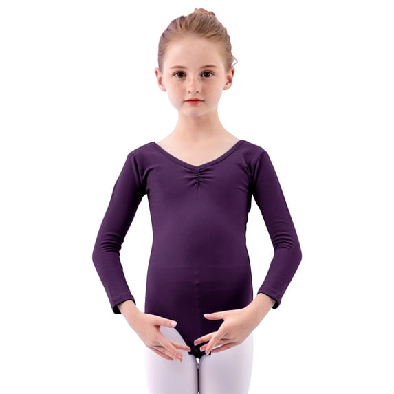 KyCheLot Girls Long Sleeve Leotard Comfy Cotton Classic Solid Color Stretchy Crewneck Dance Bodysuit 2-15 Years