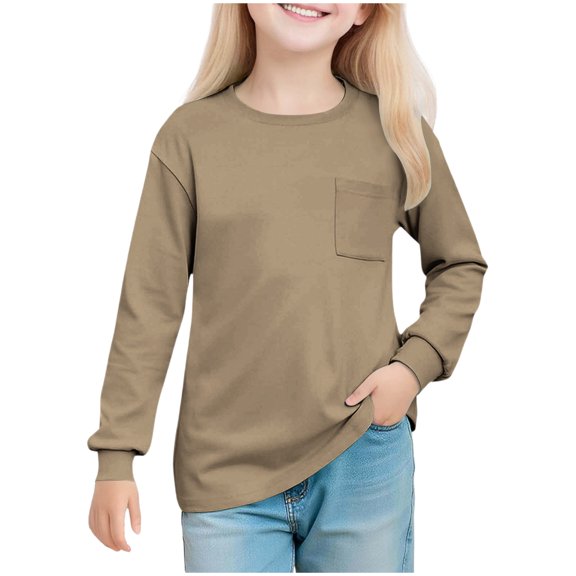 KyCheLot Girls Long Sleeve Shirts Basic Loose Crewneck Long Sleeve Tops with Front Pocket Schoolwear 5-14 Years