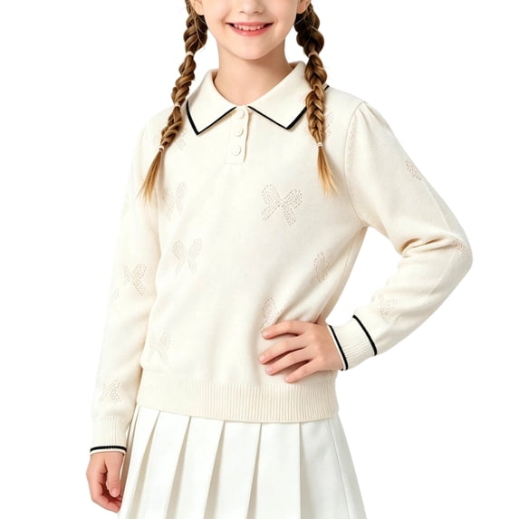 KyCheLot Girls' Long Sleeve Sweaters Button down Lapel Collar Knitted Sweaters Casual Pullover Warm Clothes