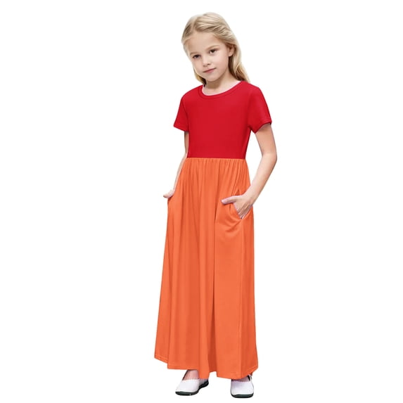 KyCheLot Girls Maxi Dress with Pockets Short Sleeve School Long Dress Summer Casual 4-14 Years