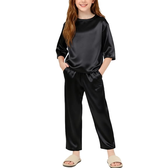KyCheLot Girls Pajamas Set Comfy Satin Silky Crewneck Half Sleeve Shirts and Wide Leg Pants Soft Sleepwear 5-14 Years