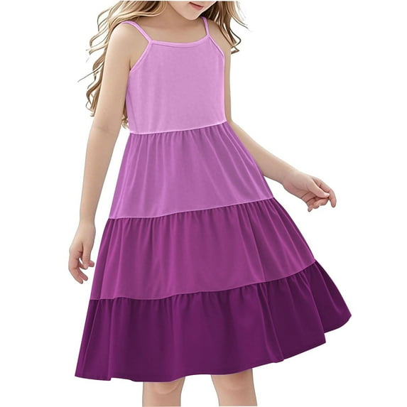 KyCheLot Girls Palywear Dresses Casual Color Block Straps Flowy Sleeveless Summer Sundress 4-14 Years