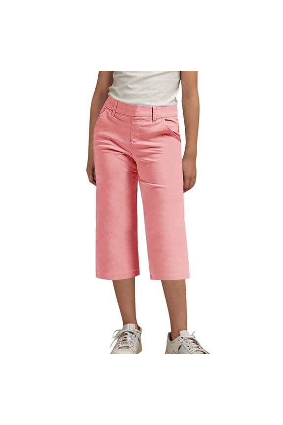 Girls Pants Capris School Uniform High Waist Back Elastic Straight Leg Crop Suit Pants with Pockets 4-14Years