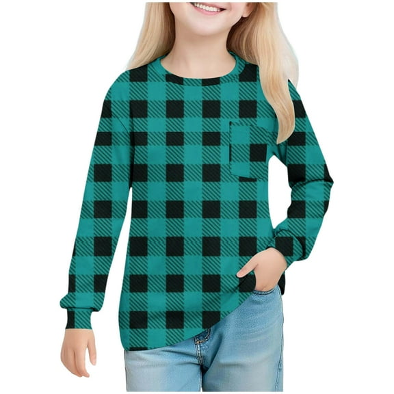KyCheLot Girls Plaid Tshirts Long Sleeve Print Pullover Long Sleeve School Daily Wear Tops 5-14 Years