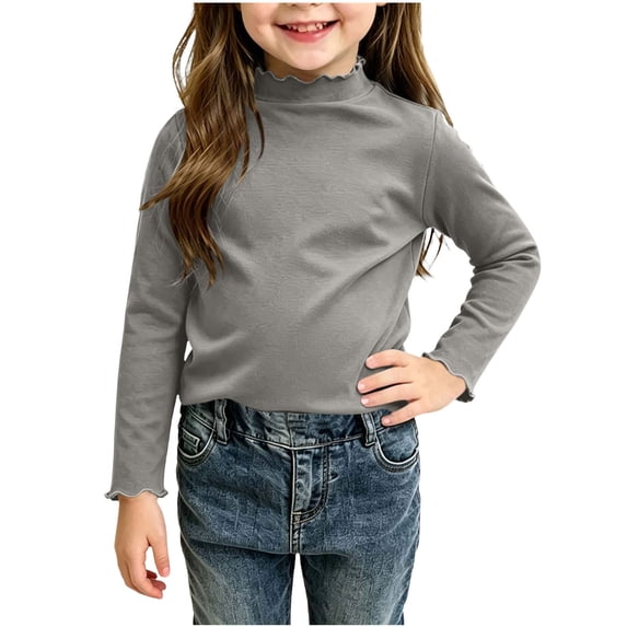 KyCheLot Girls Pullover Tops Ruffle Turtleneck Long Sleeve Solid Color Schoolwear Kids Lightweight Travel Clothes