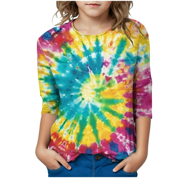 KyCheLot Girls Pullover Tshirts Cute Tie Dye Printed 3/4 Sleeve Loose Tunic Tops Dailywear 3-12 Years