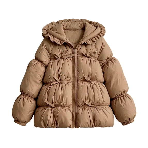 KyCheLot Girls Quilted Jacket with Hood Long Sleeve Solid Color Zip-Up Jacket Trendy Ruffle Hooded Clothes