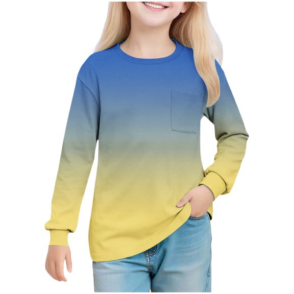KyCheLot Girls School Tops Colorful Print with Chest Pockets Daily Lightweight Long Sleeve Tshirts 5-14 Years